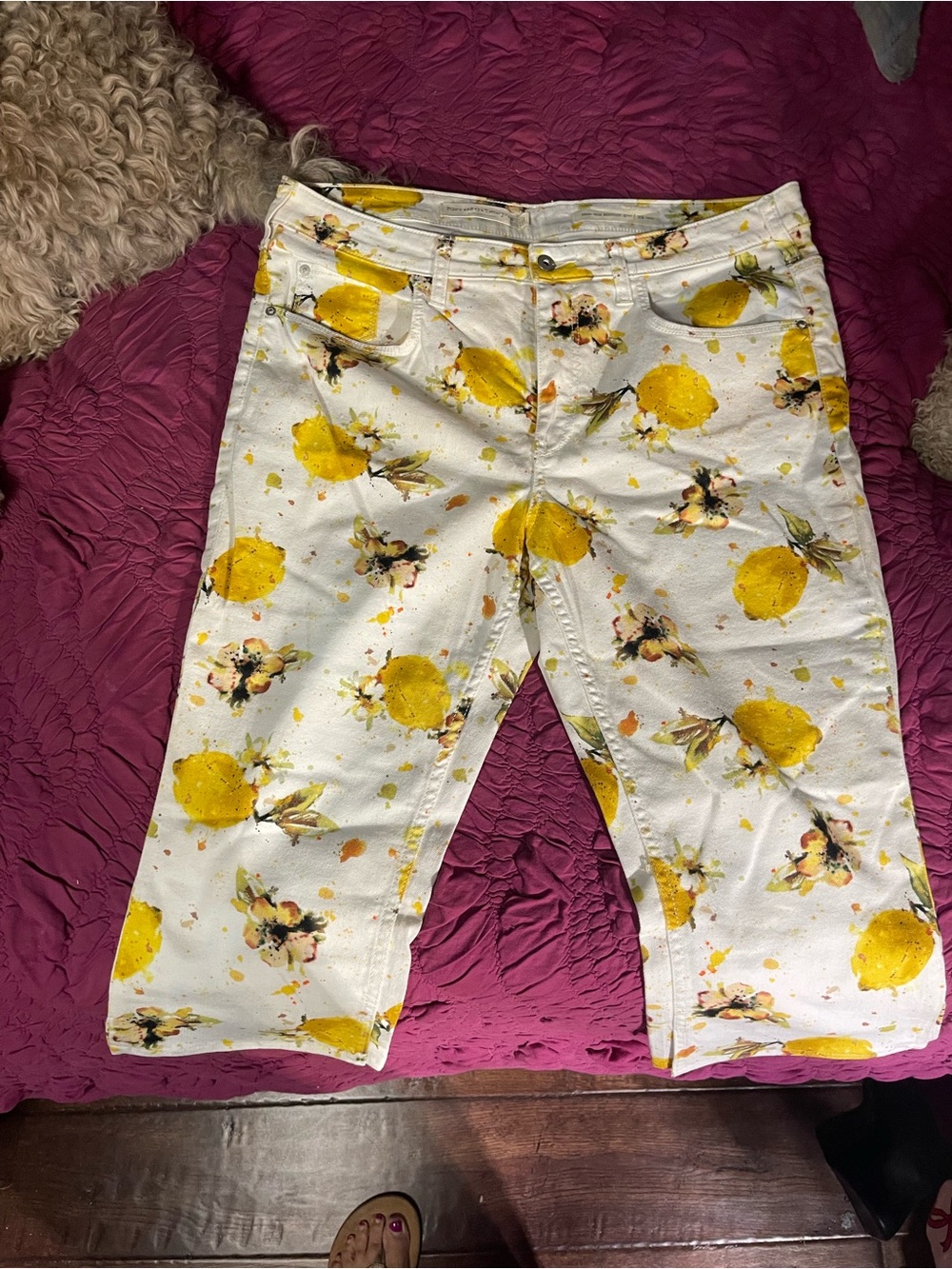 Pilcro and the Letterpress White Jeans with Yellow Floral Print